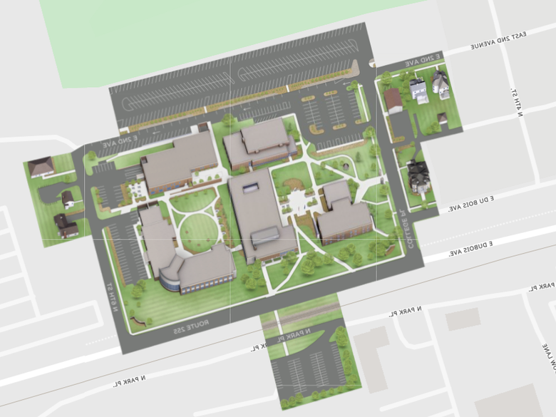 <a href='http://kxa.ansafe.net'>365英国上市</a>杜波依斯校区地图，包括建筑物、停车场和道路.